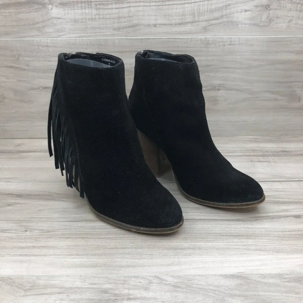 Steve Madden Ankle Boots Womens 8 Black Suede Leather Fringe Zip Booties